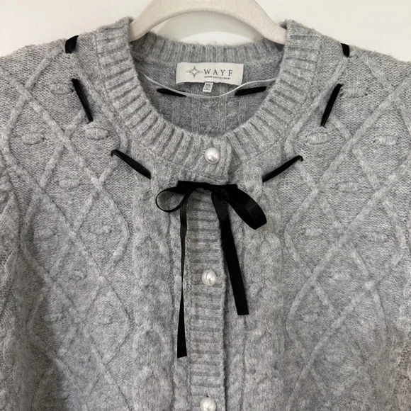 WAYF Cable Knit Cardigan Women XL Grey Pearl Button Bow Accent | Coquette - Picture 2 of 8